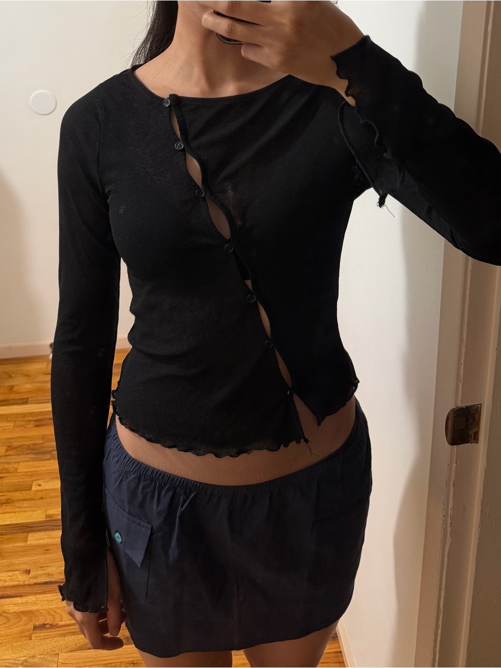 Dynamite Black Long-Sleeve Button Cutout Top